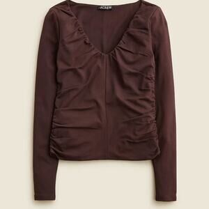 NWT J. Crew Stretch Cotton Blend Ruched V-neck Top in Cocoa Berry Brown